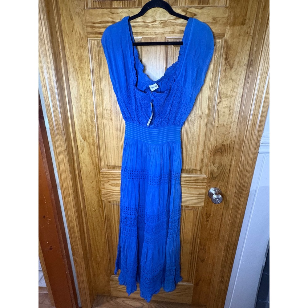 Wevez Blue Cotton Crochet Lace Tiered Maxi Dress Smocked Waist Free Size NEW